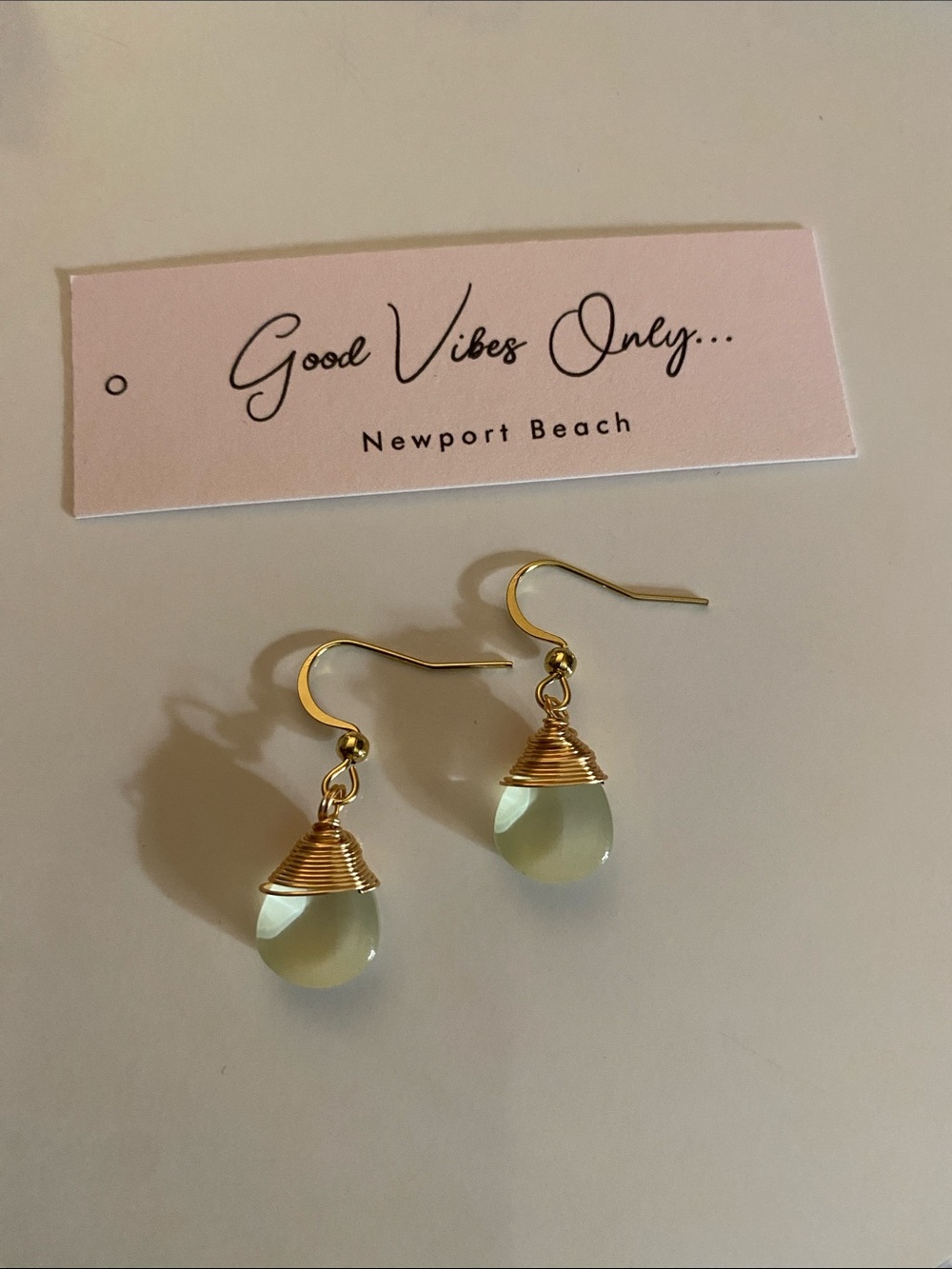 Gold Wire-Wrapped Pale Green Teardrop Earrings by